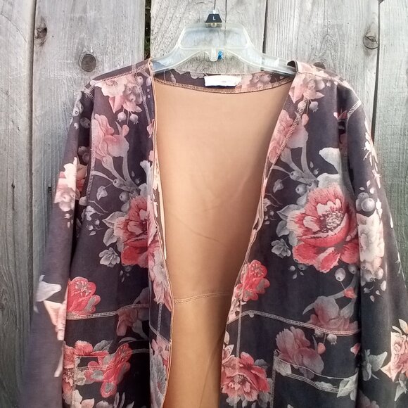 Anthropologie Solitaire Cardigan Womens Sz XL Floral Open Faux Suede pockets - Picture 3 of 12